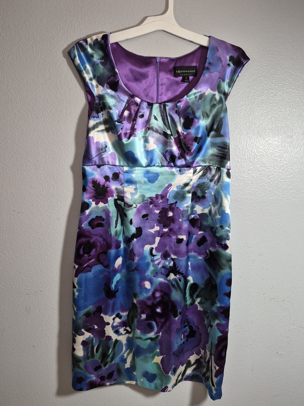 Connected Apparel Purple, Blue & Teal Floral Sheath Dress Knee Length 12 Summer